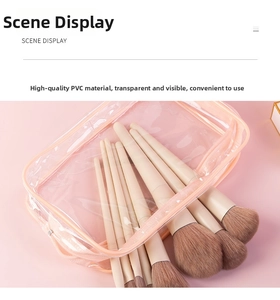 Detail view of transparent PVC toiletry bag showing soft pink trim and makeup brushes inside