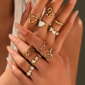 18k gold plated stainless steel ring set with butterfly, heart and floral designs