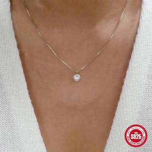 Classic S925 sterling silver four-prong necklace with a brilliant round pendant for women