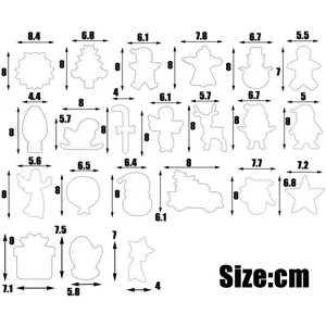 Detailed size chart for 21-piece stainless steel Christmas cookie cutters set in cm