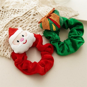 Plush Christmas scrunchies with 3D Santa Claus and gift box on soft velvet fabric