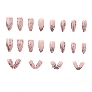 Dark aesthetic 24pcs almond fake nails with smoke pattern and silver metal cross charms