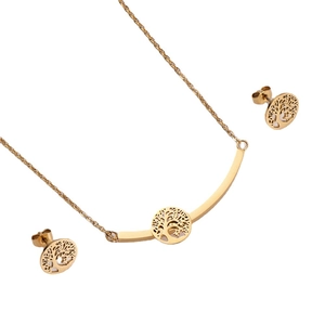 Minimalist golden hollow tree of life necklace and earrings set for women