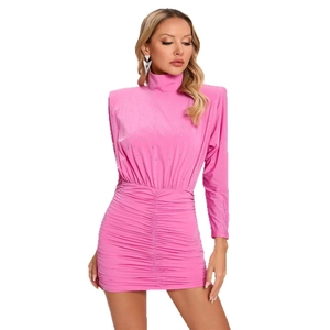Pink high-neck long sleeve ruched mini dress with rhinestone accents and shoulder pads