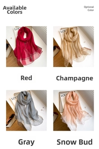 Silk wool blend scarves in burgundy, champagne, grey, and pink with metallic stripes