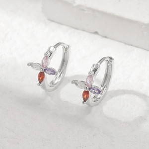 Colorful Marquise Zircon Flower Huggie Earrings Copper Silver Tone Trendy Leaf Design Jewelry For Women