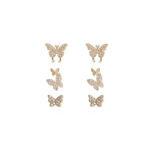 Three-piece set of golden butterfly earrings with sparkling crystals for women
