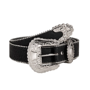 Western style black leather belt with silver floral buckle and decorative studs