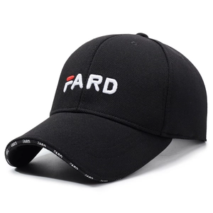 Black baseball cap with white FARD letter embroidery and red dot detail at a 45-degree angle