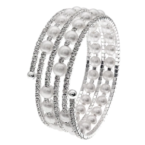 Elegant multi-layer flexible bangle featuring white faux pearls and sparkling rhinestones