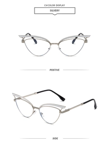 Detailansicht der silbernen Cat-Eye-Metallsonnenbrille mit weißem Emaille-Dekor