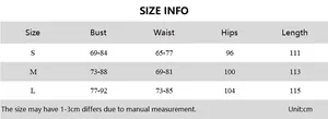Size guide for sleeveless deep V backless dress showing bust, waist and length info
