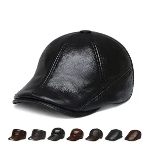 Genuine Cowhide Leather Baseball Cap Winter Warm Windproof With Ear Flaps Adjustable Newsboy Hat For Men