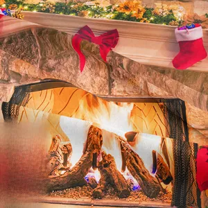 Close-up of high-density Christmas tapestry fabric with vivid fireplace print and texture