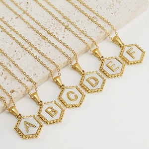 Hexagon Initial Necklace For Women Natural Shell Inlay Letter Pendant 18K Gold Plated Stainless Steel Jewelry