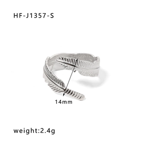 Detailed view of silver feather open ring with 14mm size and 2.4g weight specs