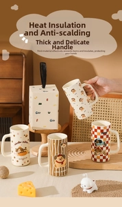 Ceramic happy puppy mug set with gift box featuring checkered patterns and cute illustrations