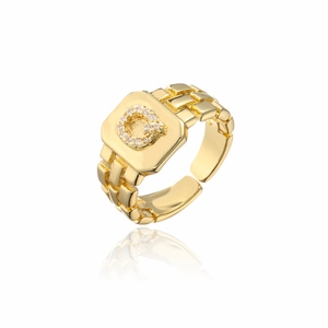 Macro shot of 18K gold plated adjustable ring with letter Q and AAA zircon detail