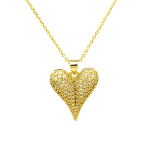 Close-up of heart-shaped gold-plated pendant necklace with sparkling white zircons