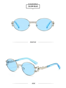Detail of steampunk oval sunglasses featuring unique lightning-shaped silver metal temples