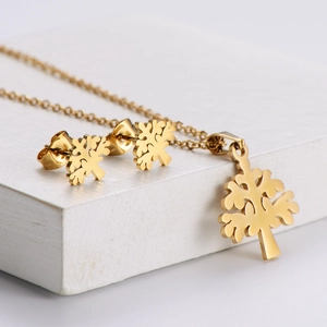 Golden titanium steel jewelry set featuring tree of life necklace and stud earrings
