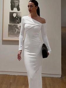 Robe Maxi Moulante À Une Épaule Manches Longues Nœud Torsadé Plissée Élégante Couleur Unie Soirée
