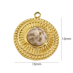 Detail view of 15mm round 14K gold-plated stainless steel pendant with marble stone inlay