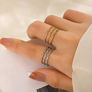 Trendy Multi Layer Stainless Steel Ring Adjustable Open Line Bamboo Thorn Design Ins Style Gold Plated Jewelry For Women