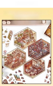 Detailed DIY isometric building scene stickers showing bakery and cafe themes on desk