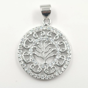 Silver tree of life pendant with sparkling zircon accents and filigree design