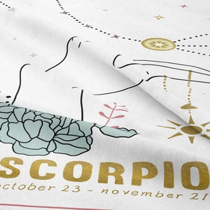 Detail of Scorpio zodiac tapestry fabric showing texture and artistic print