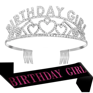 Birthday Girl silver rhinestone crown and black glitter sash party accessory set