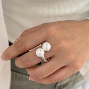 316 stainless steel ring with double pearls in a minimalist adjustable open design