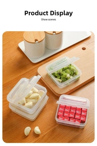 Macro shot of airtight translucent plastic storage boxes for cheese and fruit cubes
