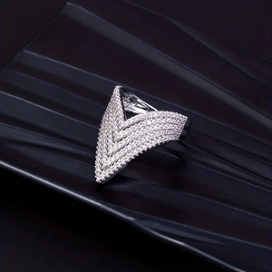 Luxury silver V-shaped ring with pavé-set clear cubic zirconia crystals for women
