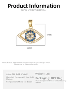 Detail view of gold-plated evil eye pendant with blue micro-inlaid zircon and 22mm dimensions