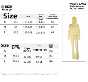 Detaillierte Größentabelle für einfarbiges Hoodie und Hosen Set mit Maßen für S, M, L