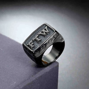 Macro detail of men's black matte FTW signet ring with industrial screw accents