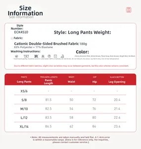 Size chart for yoga pants with polyester spandex fabric specifications and measurements