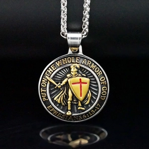 Vintage medieval knight pendant necklace in stainless steel with Armor of God engraving