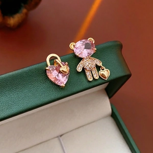 925 silver asymmetric bear and pink heart earrings with zircon stones and gold plating