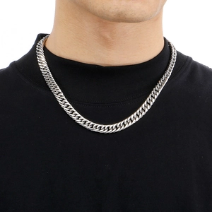 Detail of silver titanium steel curb chain necklace on model with polished weave texture