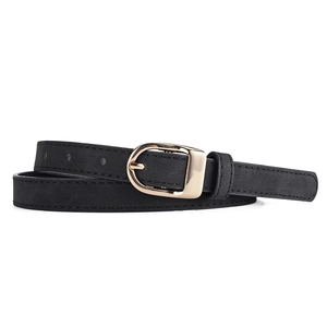 Women's chic black faux suede belt with a golden D-shaped buckle for jeans and dresses