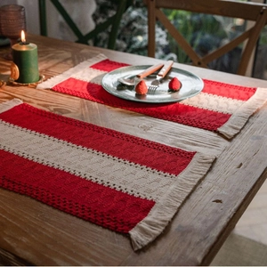 Woven Placemats Cotton Linen Tassel Christmas Table Decor Nordic Boho Striped Rectangular Dining Mat Handcrafted