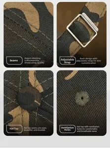 Detailed views of camouflage baseball cap stitching, adjustable buckle, and eyelets