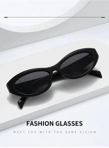 Detailed side view of stylish black oval sunglasses on a minimalist white stand