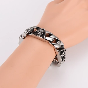 Punk style Cuban chain bracelet for men with skull triangle link in stainless steel
