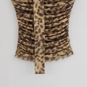 Brown leopard print ruched mesh bandeau top and skirt set with stylish animal pattern