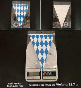 Detail of Oktoberfest pennant banner in packaging with blue and white diamond pattern