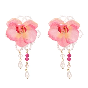 Pink fabric orchid earrings with faux pearls and teardrop crystal pendants